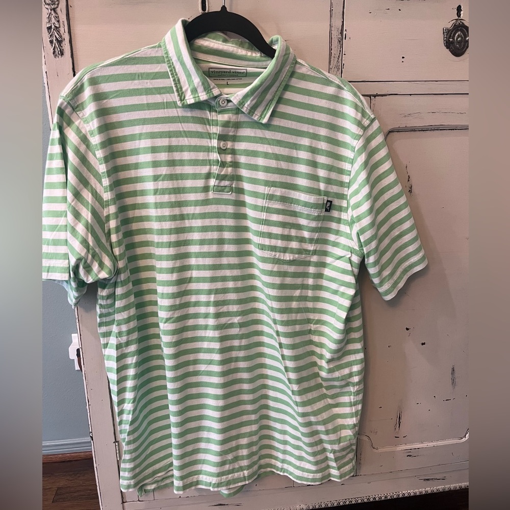 Vineyard Vines green and white striped knit polo size large